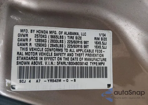 2004 Honda Odyssey Ex-L z USA, uszkodzony, nr VIN 5FNRL18004B058142